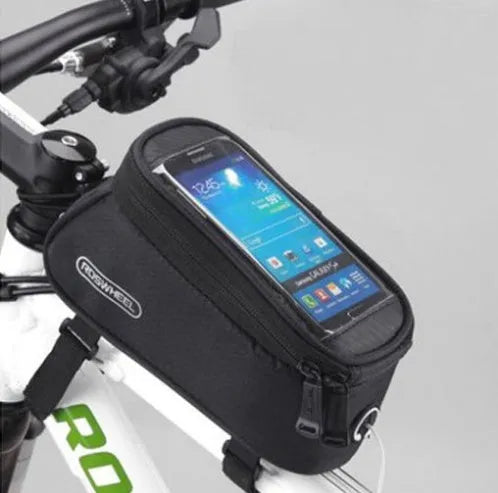 ROSWHEEL PVC bicycle frame bag for iPhone mounted on a bike frame, shown in red colour.