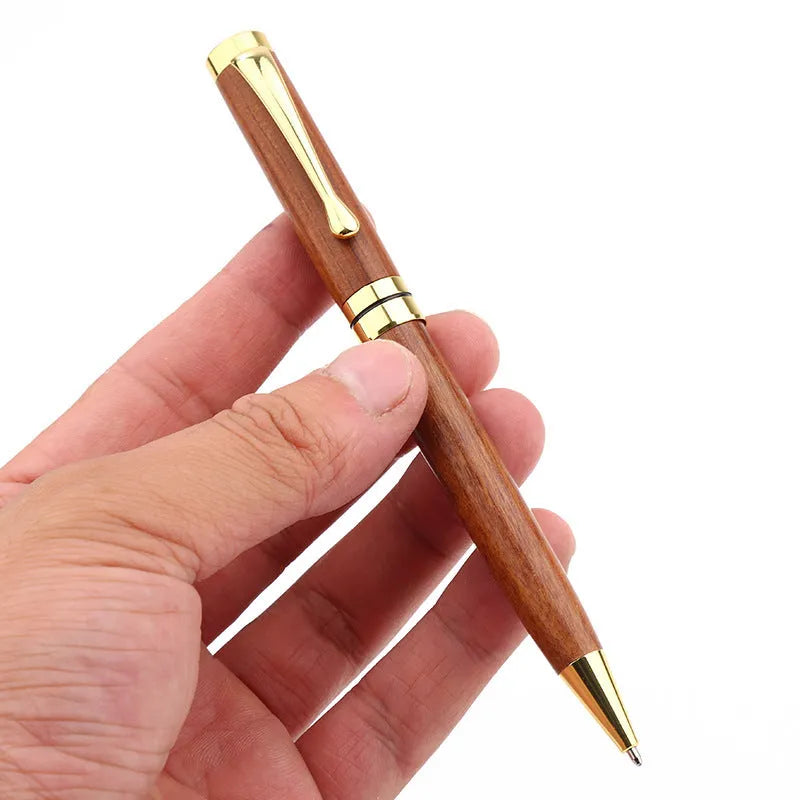 Wooden metal ballpoint pen with rosewood barrel on desk surface, 14cm length, gold colour option