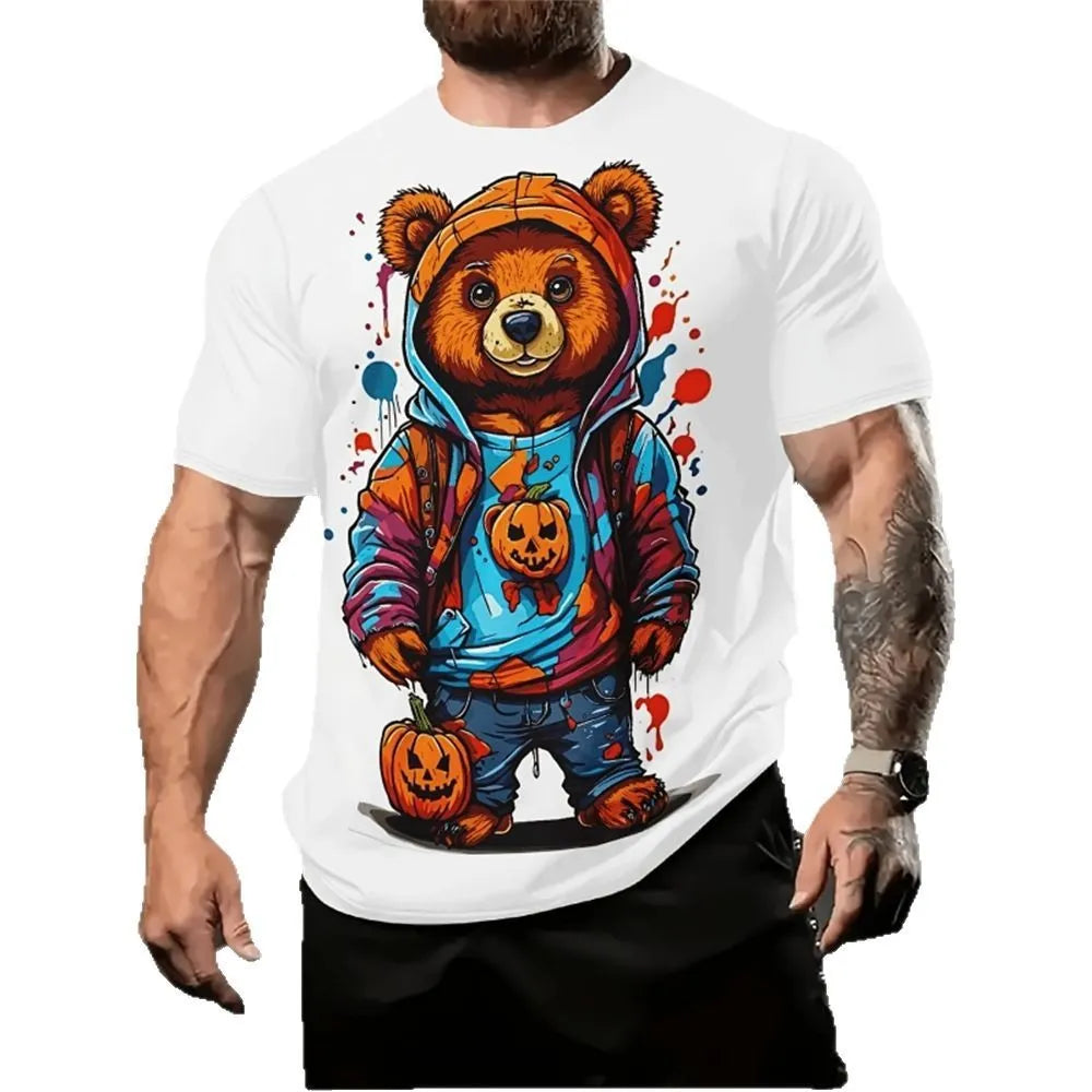 Men's loose-fitting short-sleeved shirt with 3D cartoon print design in summer colours