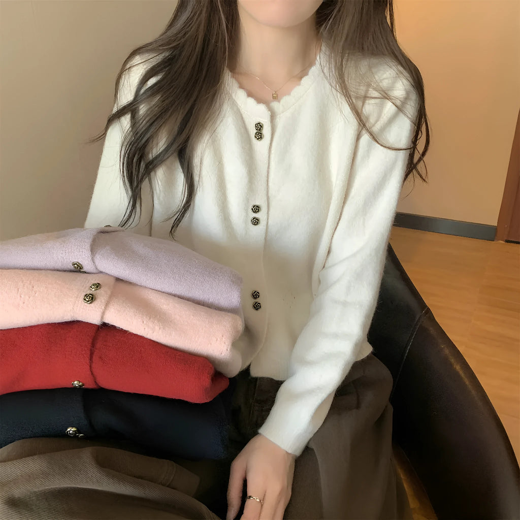 Women's beige acrylic fibre cardigan coat with long regular sleeves laid flat