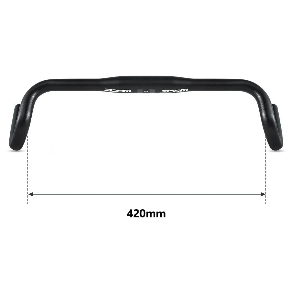 Black aluminium alloy bent handlebar for road bikes with 420mm width and 31.8mm clamp