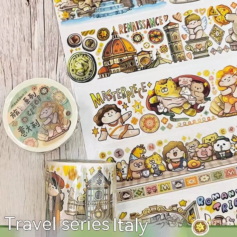 Sheet of cute cartoon character stickers on Japanese paper for haemorrhoid tape packaging.
