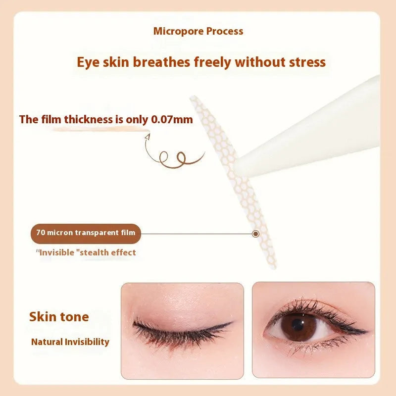 Clear double eyelid stickers on a roll, showing the invisible lace material in Crescent and Olive shapes.