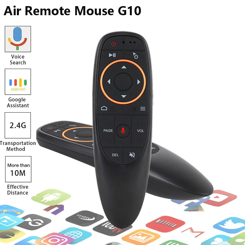 G10S intelligent voice remote control with plastic shell and silicone buttons for Android TV and PC.