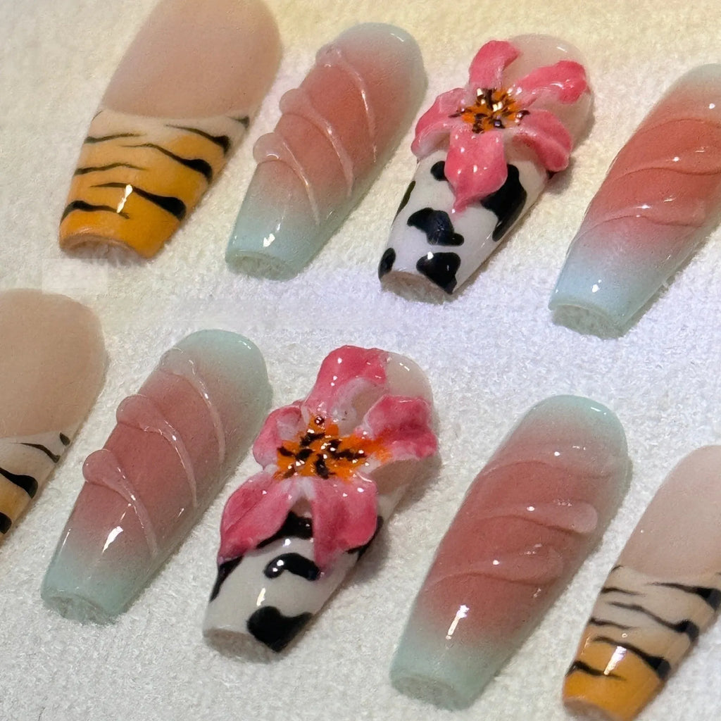 Zebra pattern Lily hand carving nail art set with embossed flower and leopard print designs
