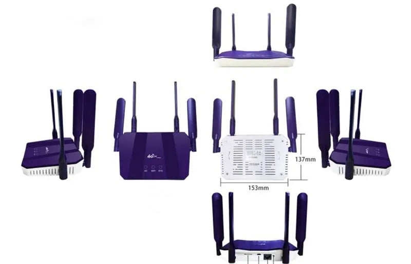 Blue 4G wireless and wired dual-mode router with four external antennas