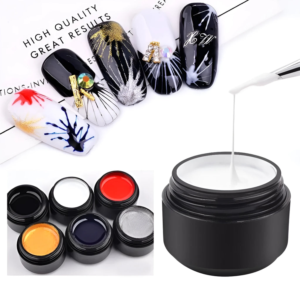 Set of six 5ml nail art elastic drawing gum bottles in black, white, blue, red, glitter gold, glitter silver