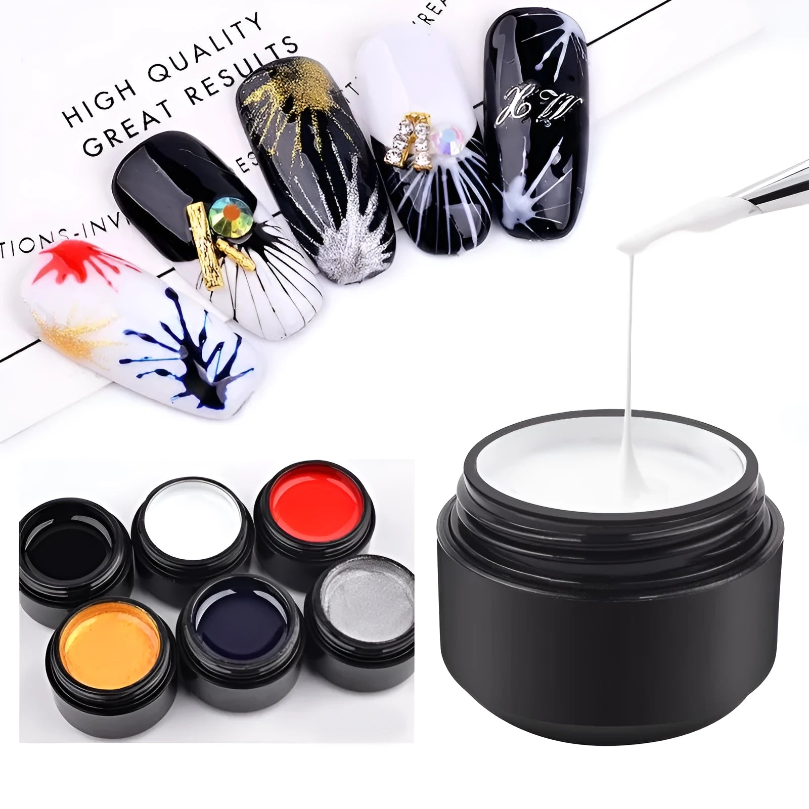 Set of six 5ml nail art elastic drawing gum bottles in black, white, blue, red, glitter gold, glitter silver