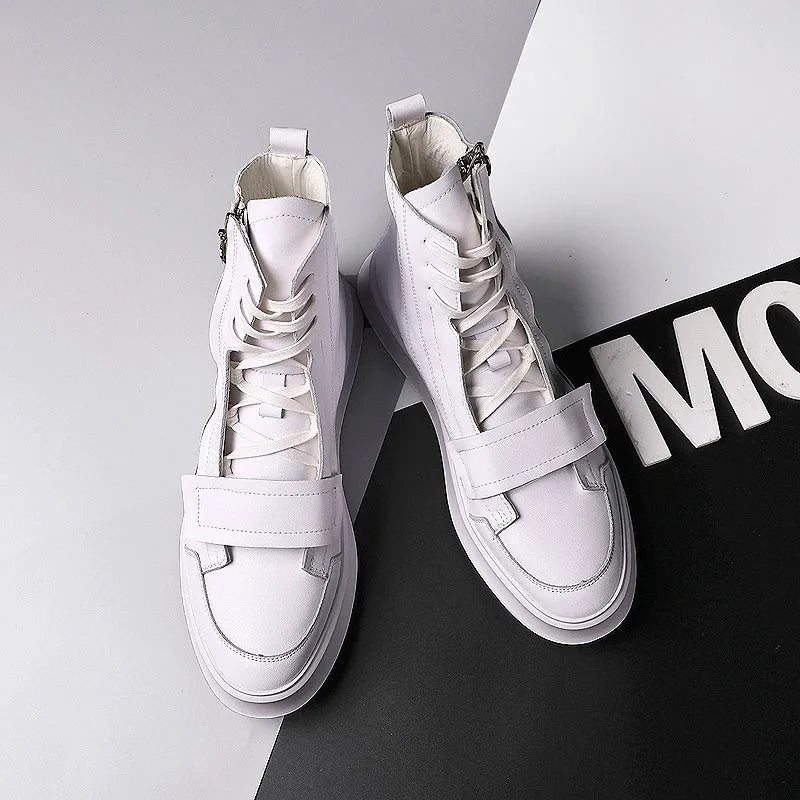 Men's black PU leather ankle boots in high-top sneaker style for winter wear