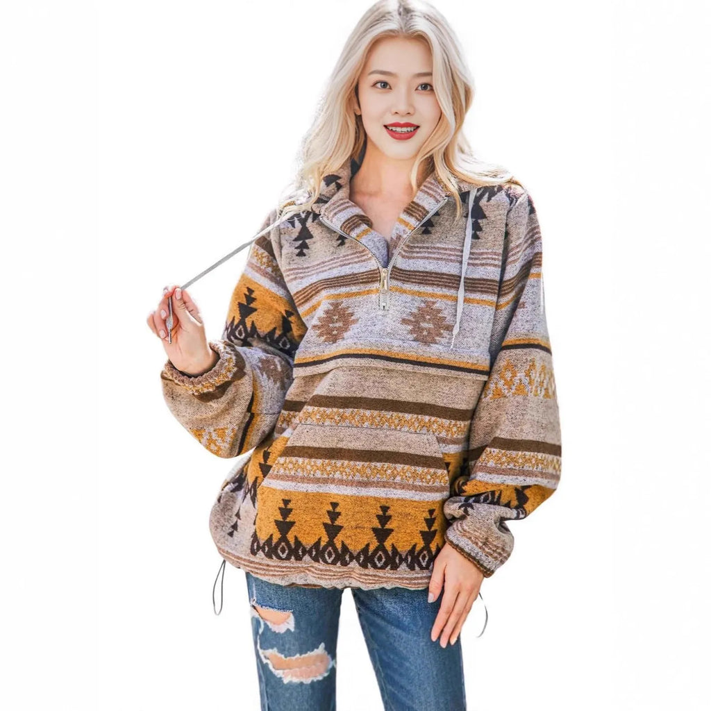Women's retro fashion half-zip long sleeve sweatshirt with digital print, loose fit pullover in polyester, colour M2590801