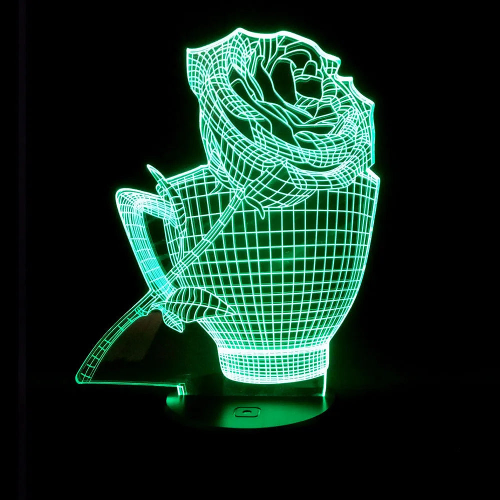 3D rose shaped LED night light with acrylic design and remote control showing multiple colour options