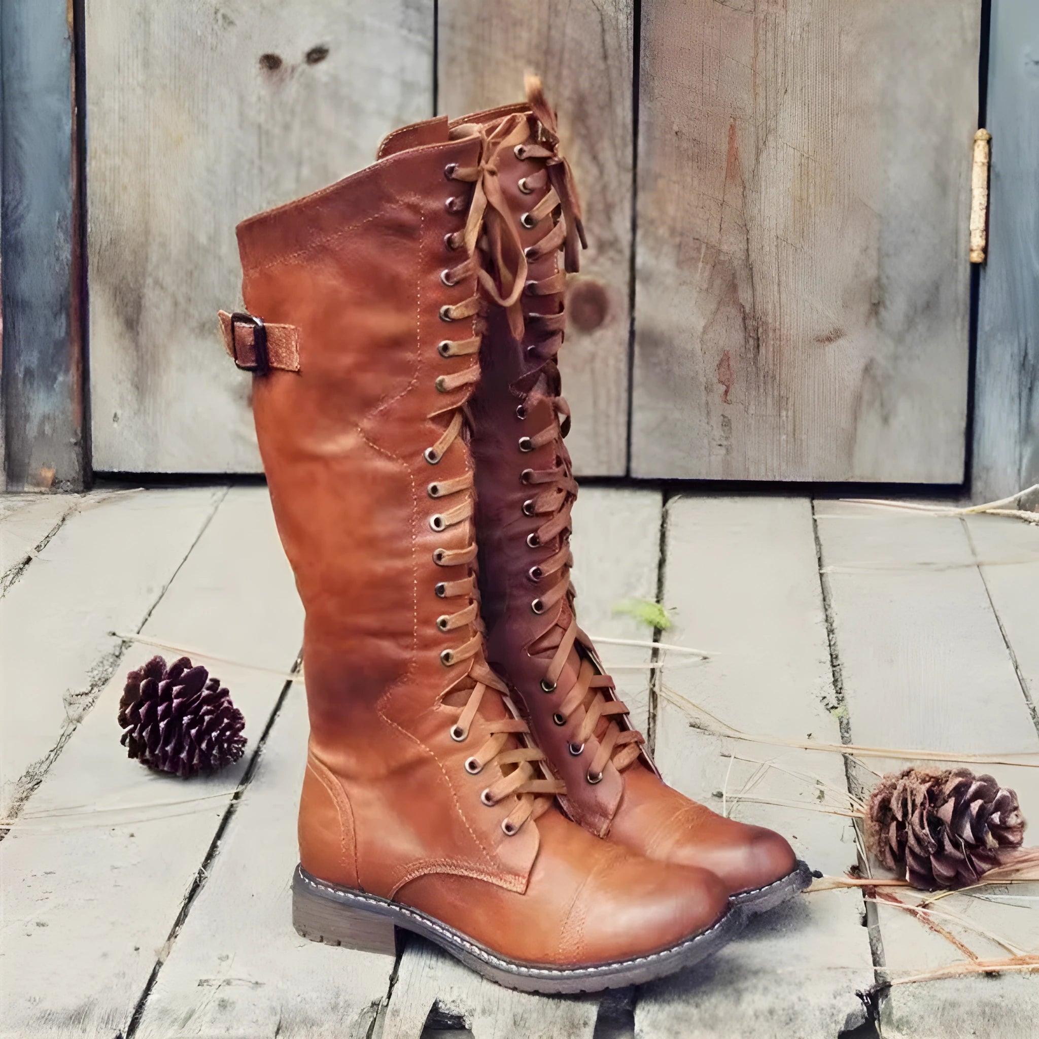 Women's black casual high-leg boots with a chunky low heel and round toe.