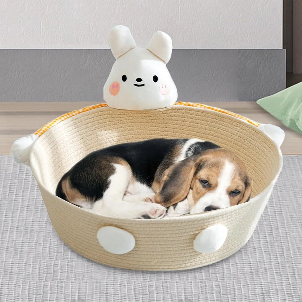 Woven cotton rope cat bed and scratcher basket in bear or rabbit design, shown in small, medium, or large size.