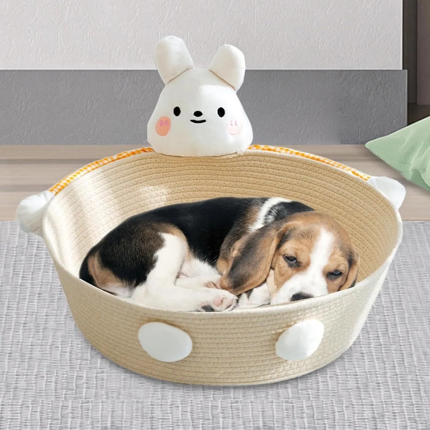 Woven cotton rope cat bed and scratcher basket in bear or rabbit design, shown in small, medium, or large size.