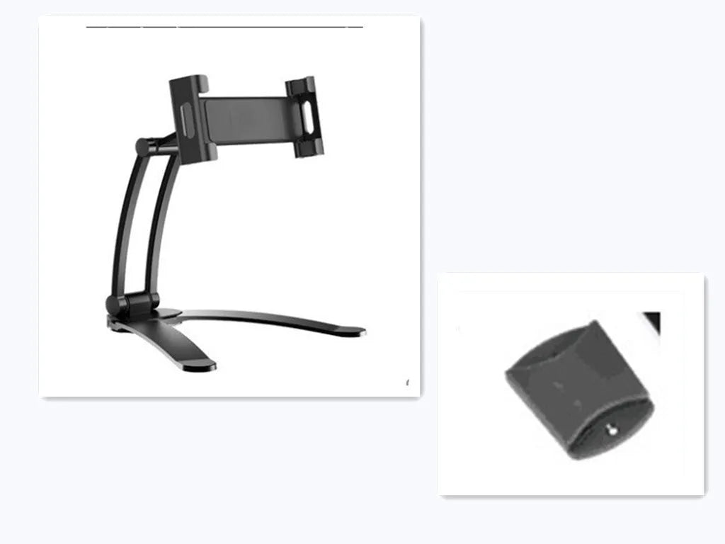 Silver aluminum alloy adjustable tablet stand holding a tablet with 360-degree rotation capability