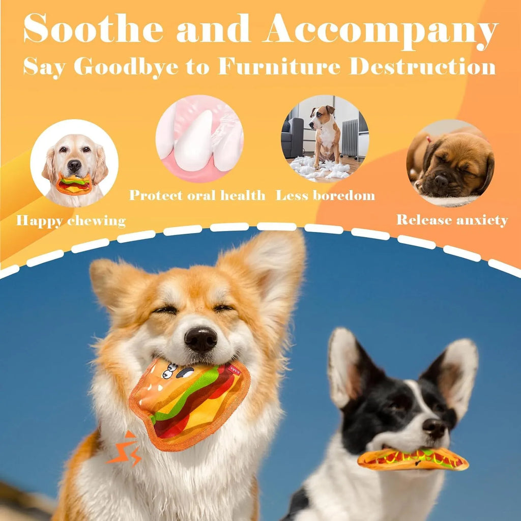 Crinkle and squeaker dog toy in hamburger shape with no stuffing