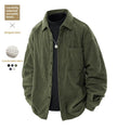 Men's corduroy shirt collar fake two-piece coat in black, front view, long sleeves, straight hem, button front