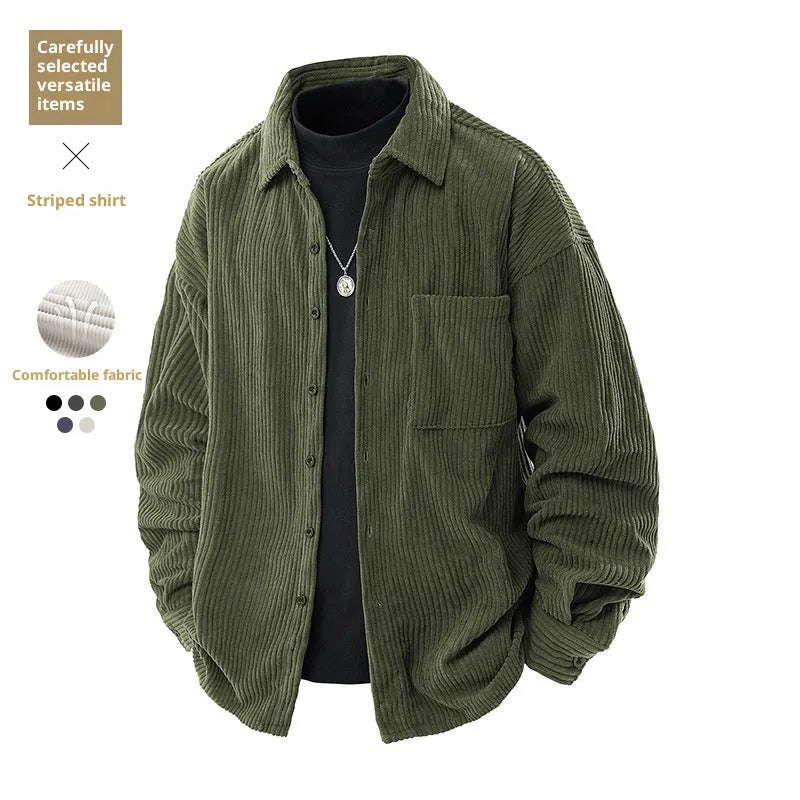 Men's corduroy shirt collar fake two-piece coat in black, front view, long sleeves, straight hem, button front