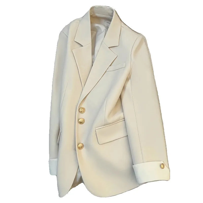 Women's loose fit mid-length trench coat in milky white, Korean style with pockets.