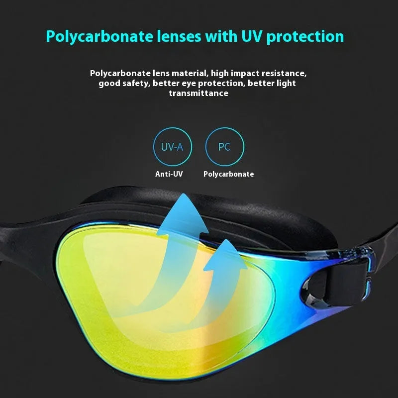 One-piece silicone large frame swimming goggles for adults in black colourful gold colour