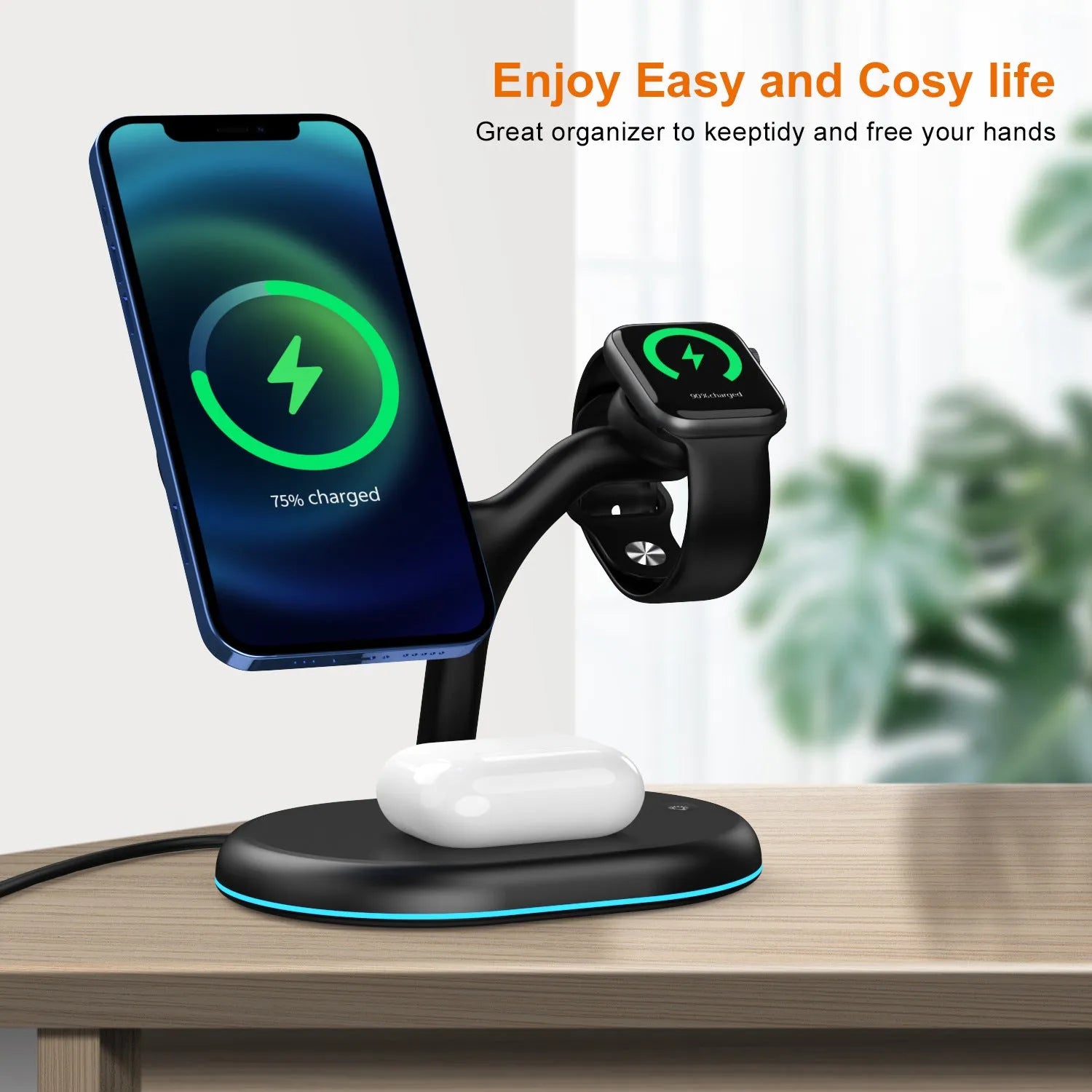 Black magnetic wireless charger with minimalist design on flat surface