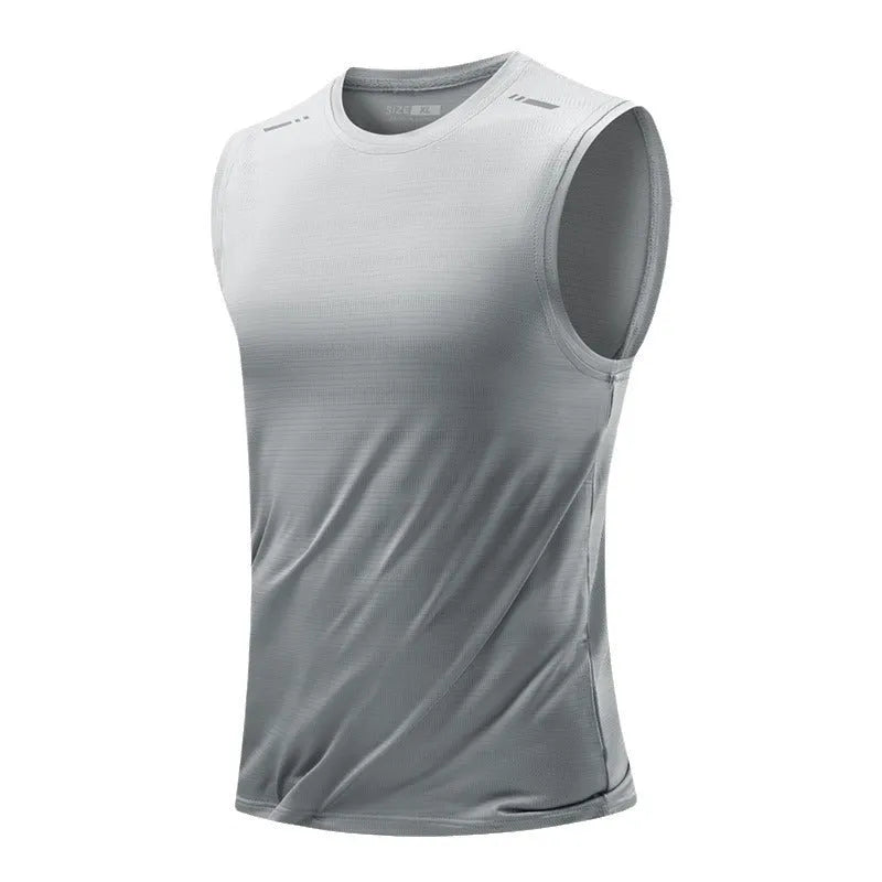Men's loose fit sleeveless waistcoat in bamboo fibre fabric, showing straight hem design.