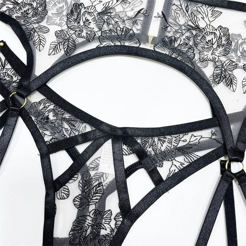 Women's black lace mesh three-piece set with floral print including top, pants and waist ring