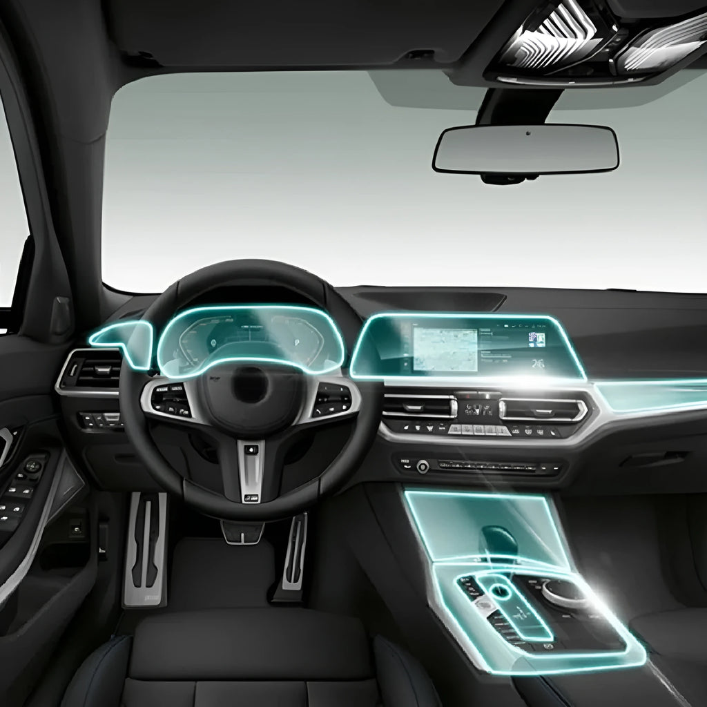 Transparent TPU protective film kit for BMW 3 Series dashboard and centre console interior.