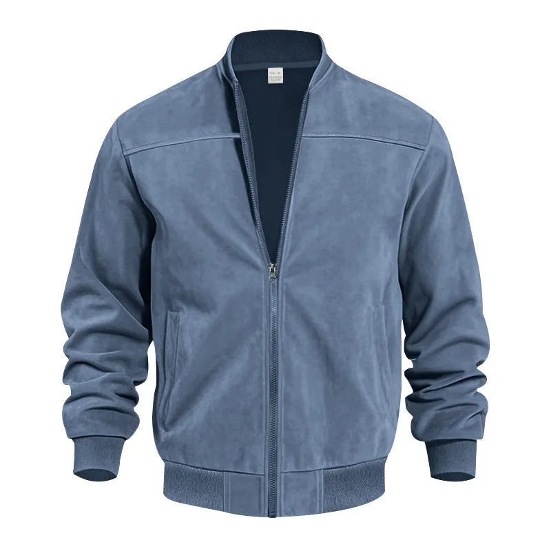 Men's plus size casual suede-look zipper jacket in multiple colour options on a hanger.