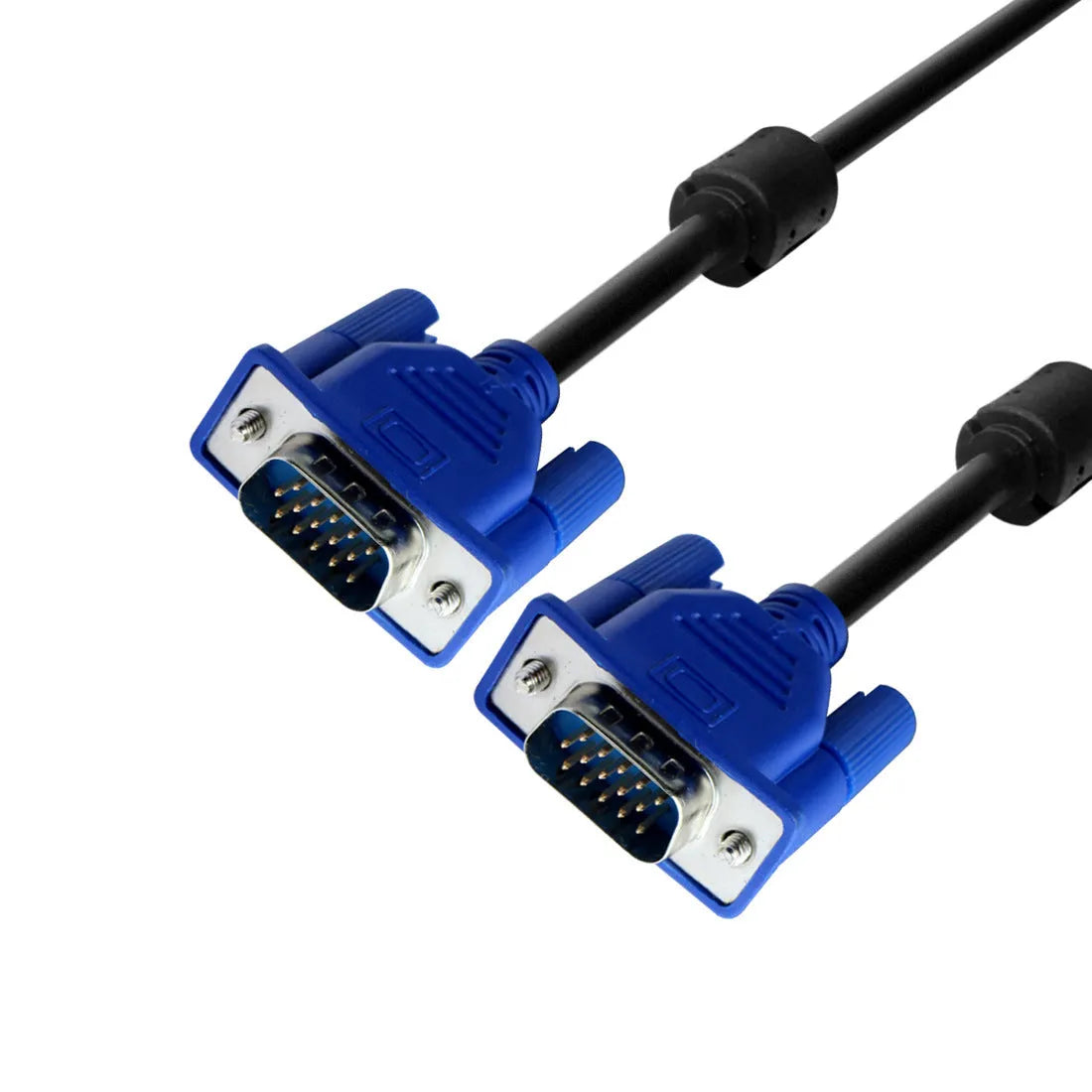 Black VGA cable with blue connector housings and nickel-plated terminals for computer monitor connections