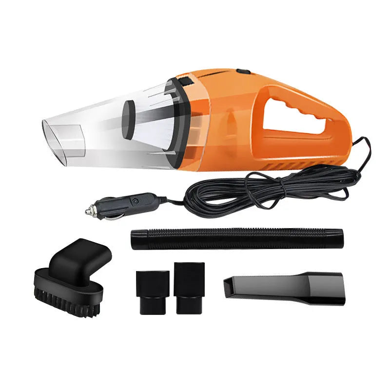 Orange handheld 12V car vacuum cleaner with nozzle attachments next to a car interior.