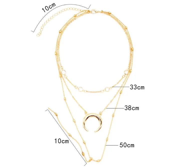 Fashion multilayer crescent moon choker necklace with bead chain and initial pendant in gold colour