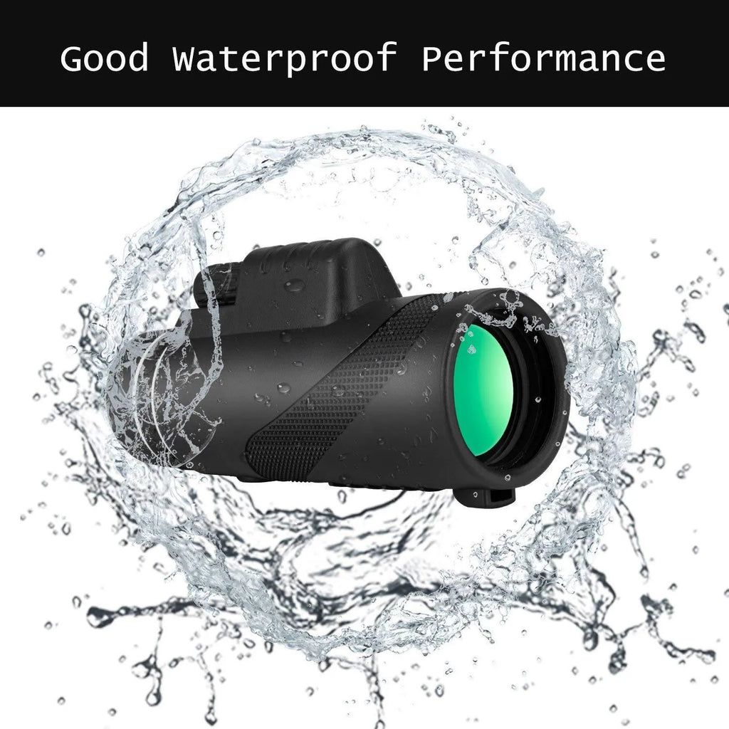 Black monocular telescope with 60mm lens for smartphones showing 40x magnification and waterproof design