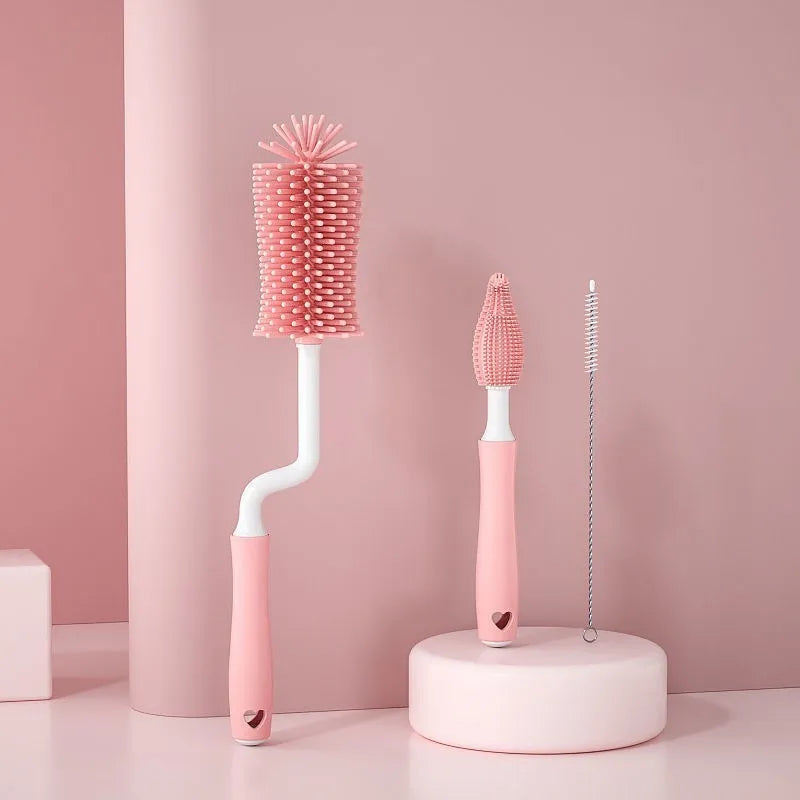 Silicone baby bottle brush set with straw cleaning brush in pink, blue, and yellow