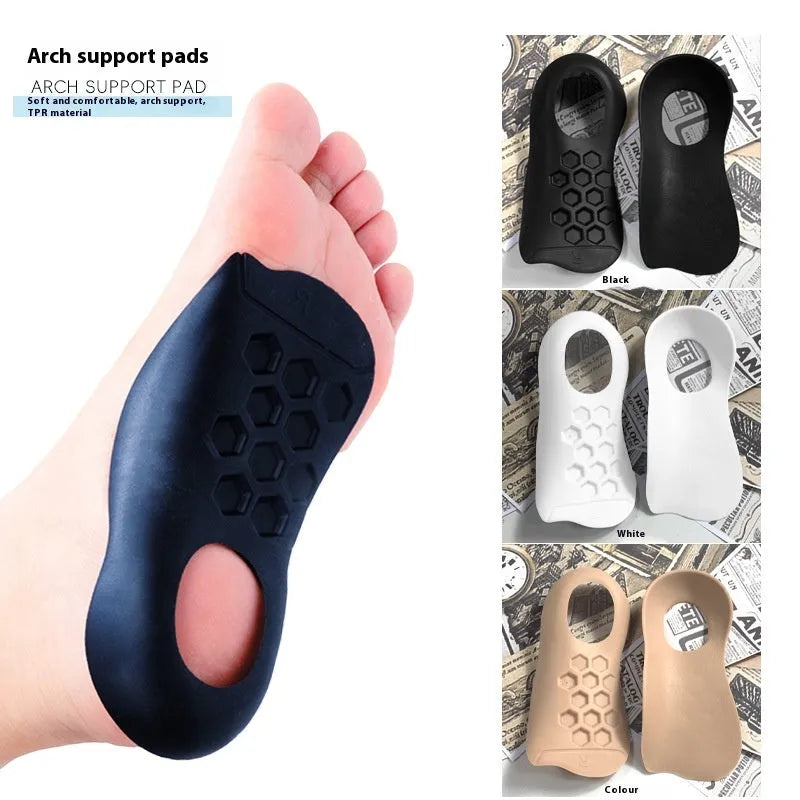 Varus correction arch support insole in white, black, and skin colour for flat feet.