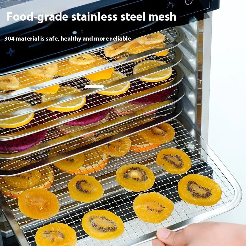 Stainless steel food dehydrator with digital LED panel and multiple stacking trays.