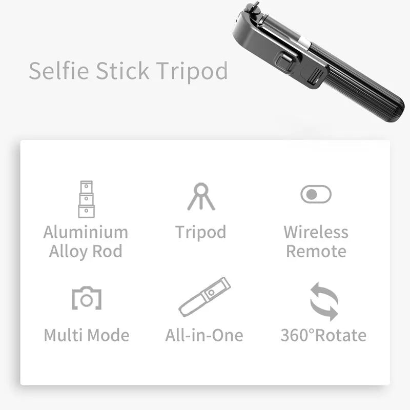 Black tripod selfie stick compatible with Apple iPhone, extended to 700mm, on tabletop