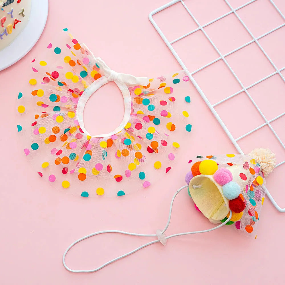 Polka dot lace bib dog birthday suit with hat and saliva towel in colourful dots