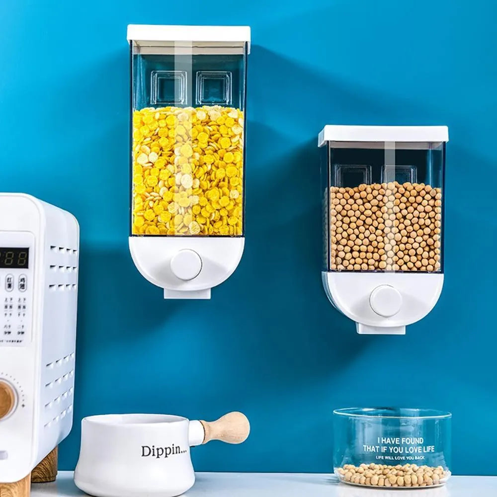 White wall-mounted transparent ABS easy press cereal dispenser with 1500ml capacity on a kitchen counter