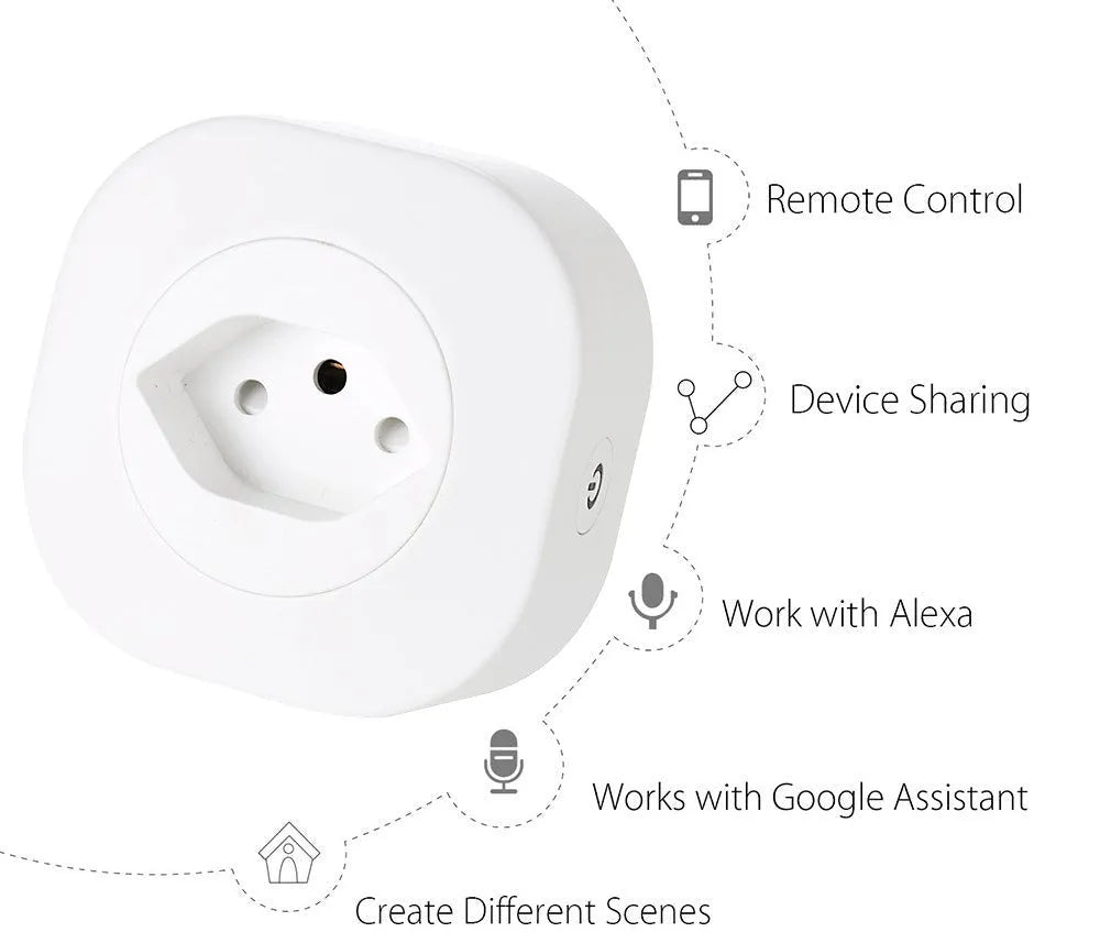 White Wi-Fi smart socket plug with EU-style pins showing status light, dimensions 70x70x72mm.