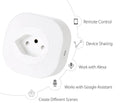 White Wi-Fi smart socket plug with EU-style pins showing status light, dimensions 70x70x72mm.