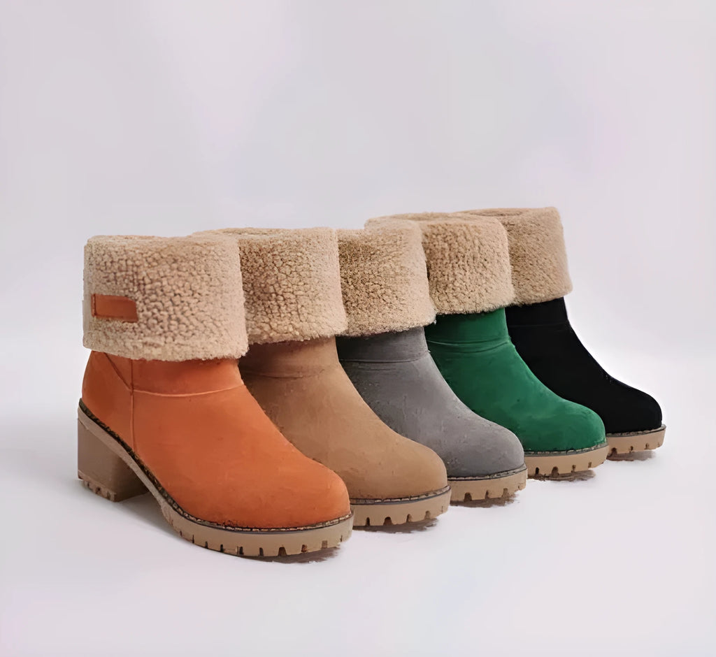 Women's suede mid-calf snow boots with a thick heel and round toe in five colour options.