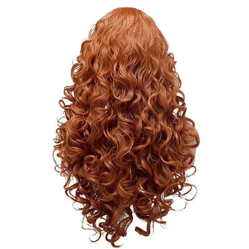 Brown long wavy curly cosplay wig with fluffy texture on a wig head.