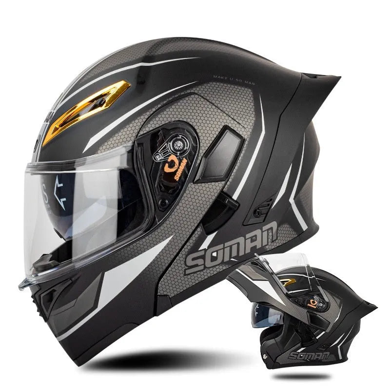 Double lens exposed motorcycle helmet in bright black and green lines with sun visor