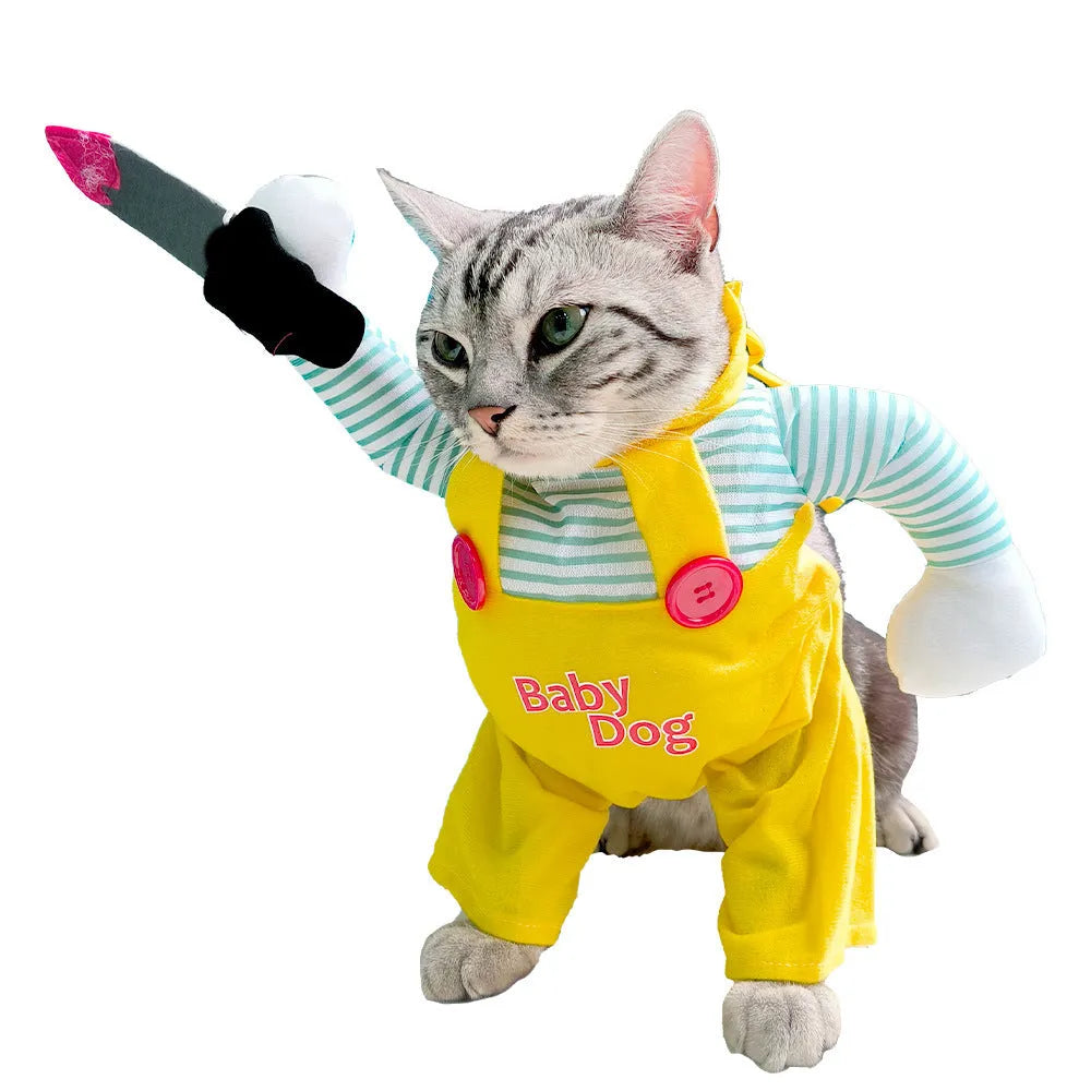 Yellow assassin knife cat costume in polyester pet clothing sizes S M L XL