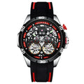 Men's automatic mechanical watch with luminous hollow skeleton dial in red colour option showing 14mm thick case