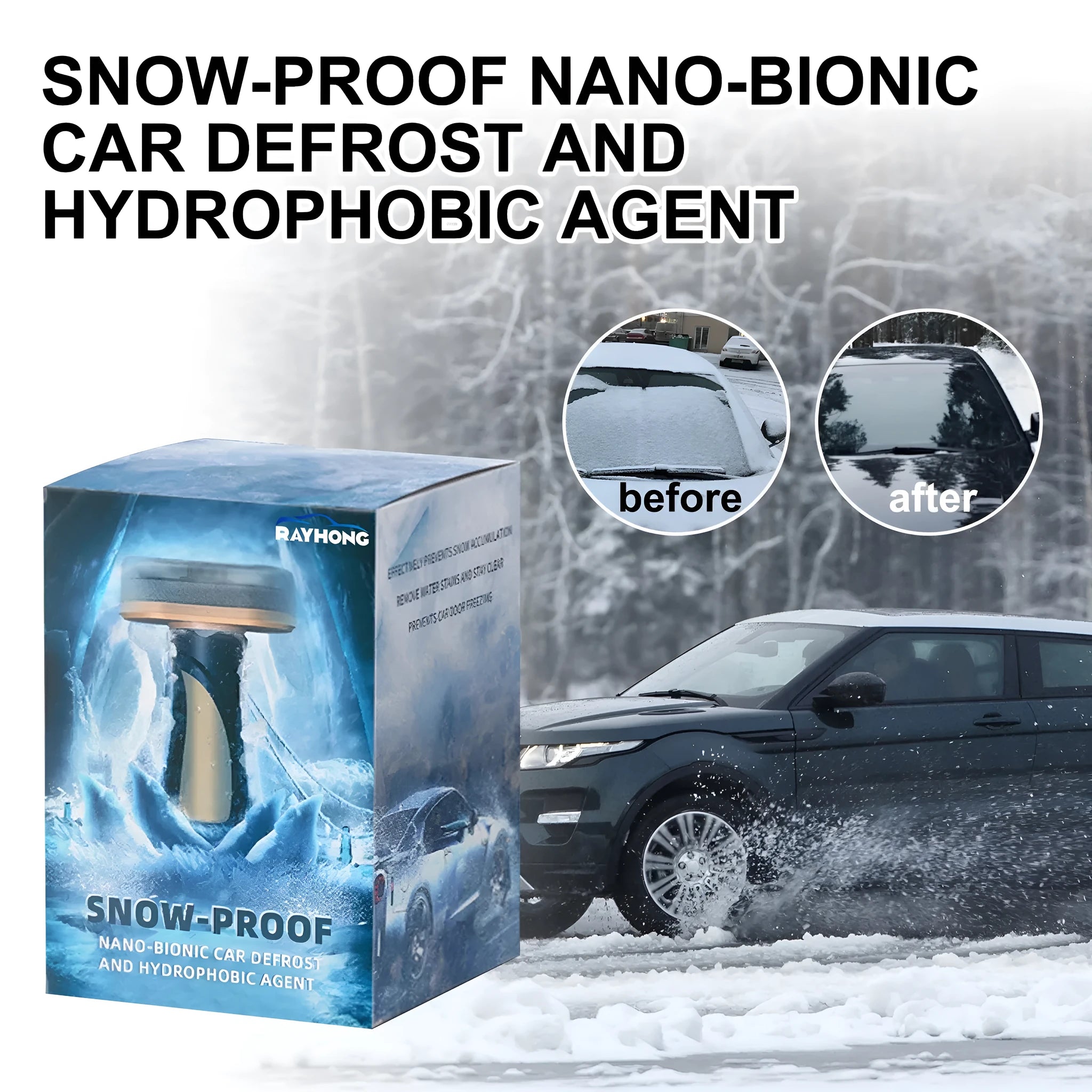 Compact car snow brush with hydrophobic nano coating measuring 5x9x14cm