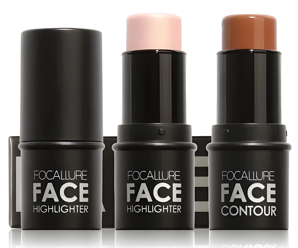 Face contour highlighter makeup stick in a creamy formula for cheekbone and jawline definition.