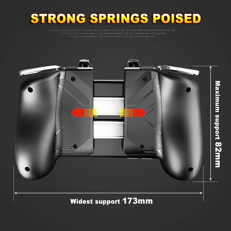 Black telescopic mobile game handle clipped onto a smartphone, showing left and right grip.