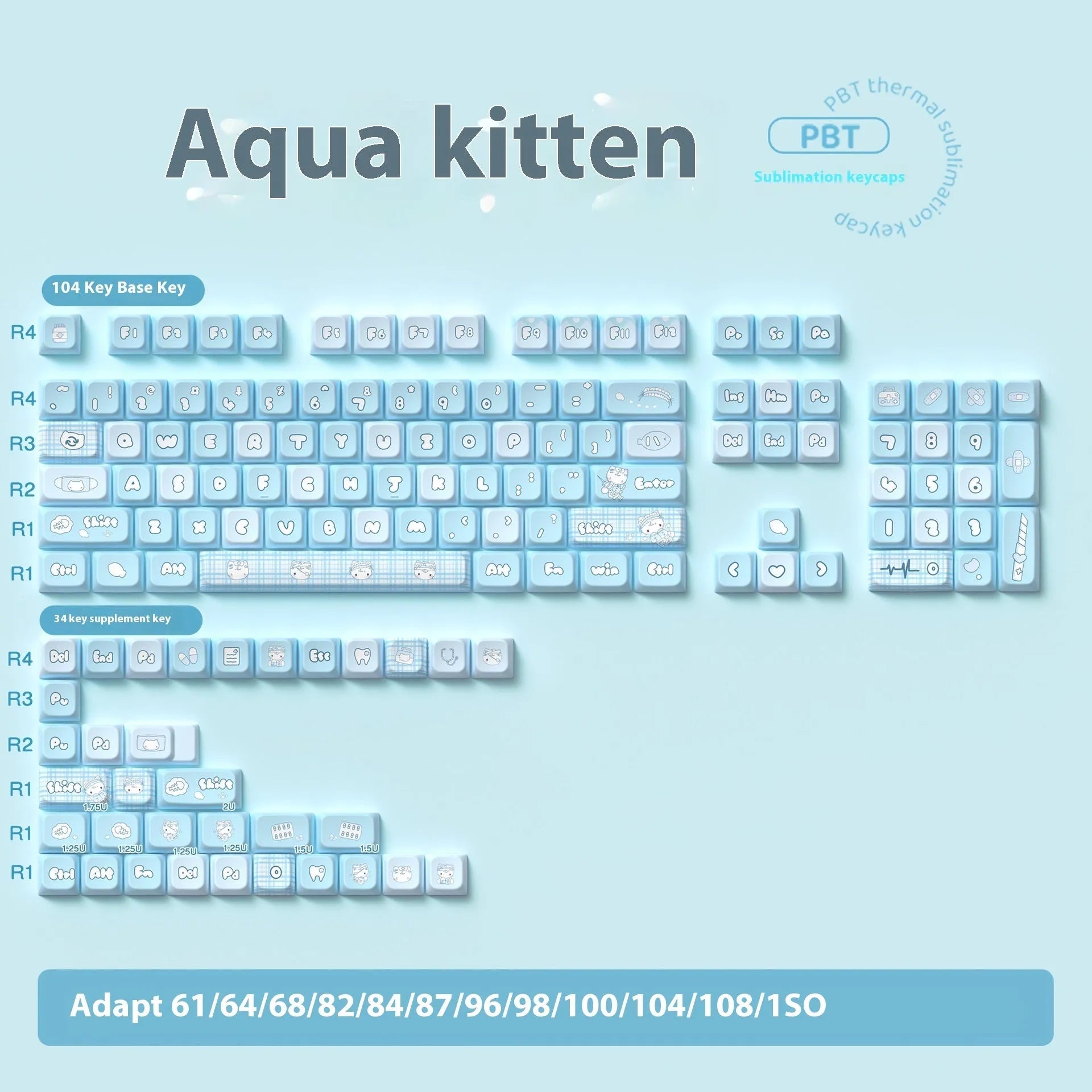 Watercolour cat design PBT keycap set for mechanical keyboards, showing 138 or 158 keys with opaque legends.